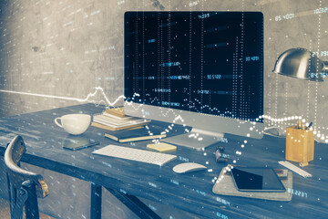 Financial graph colorful drawing and table with computer on background. Double exposure. Concept of...