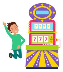 Gambler man jumping, slot machine, colorful casino equipment with joystick. Gamer winner, score icon, gambling or entertainment, win or success vector