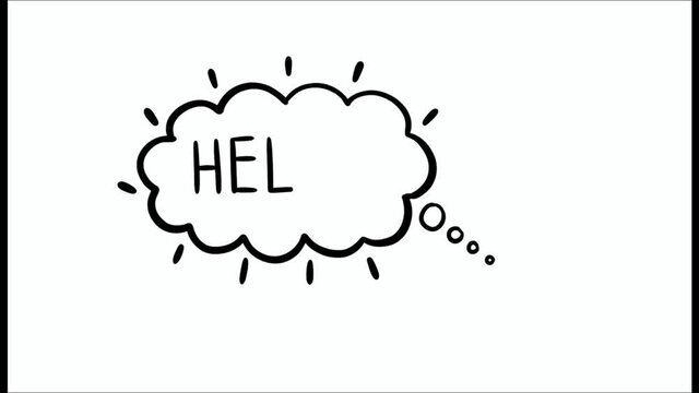 Animated speech cloud think lettering Hello clip. Hand drawn writing design typography. Spelling title doodle text. Greeting cartoon comic.