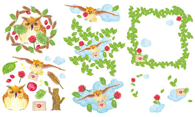 [Hand Drawing] Owl theme natural set
