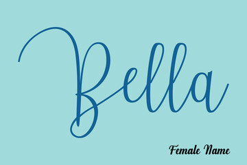Fototapeta na wymiar Bella-Female Name Brush Calligraphy Blue Color Text On Light Cyan Background