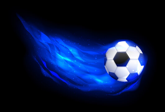 Football ball flying in blue fire, falling in flame side view.  Flaming soccer football ball