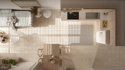 Cosy wooden sustainable dining room and kitchen in beige tones. Sofa, shelves, dining table, chairs. Ceramic tiles floor. Environmental friendly interior design, top view, plan, above