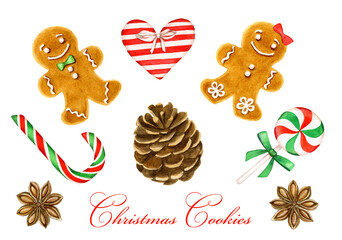 Vintage set of Christmas decorations watercolor illustration on a white background