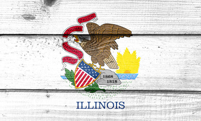 illinois flag painted on old wood plank background. Brushed natural light knotted wooden board texture. Wooden texture background flag of illinois