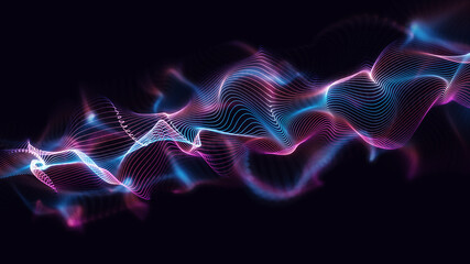 Dynamic wavy lines background. Glowing colourful line particles with beautiful bokeh effect. Digital 3d illustration concept
