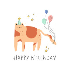 Kid's birthday party cards. Happy birthday cute celebration postcards, invitation with cat, balloons and stars. Kids cheerful holiday flyers templates