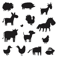 Set of farm animals silhouette. Collection of black color domestic animals. Vector illustration for children. Zoo.