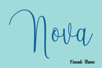 Nova-Female Name  Cursive Calligraphy Dork Cyan Color Text On Light Cyan Background