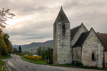 Fototapeta na wymiar Old church of St. Lorenz on a cloudy day in autumn
