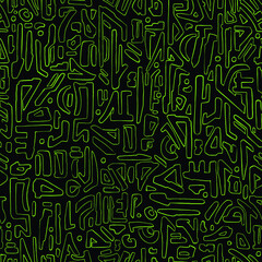 Alien hieroglyph seamless pattern. Black and green doodle style vector illustration pattern for surface, t shirt design, print, poster, icon, web, graphic designs. 