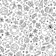 Christmas ornamnets seamless pattern. Black and white doodle style vector illustration pattern for surface, t shirt design, print, poster, icon, web, graphic designs. 