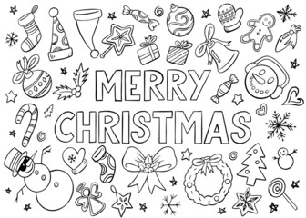 Christmas ornaments doodle collection. Black and white doodle style vector illustration.