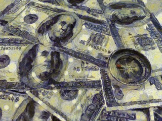 Several dollar bills and compasses Illustrations creates an impressionist style of painting.