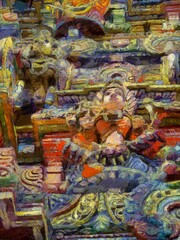 Fototapeta na wymiar Hindu temple decoration statues Illustrations creates an impressionist style of painting.