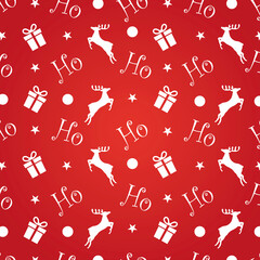 Red Christmas pattern with gifts and reindeers.
