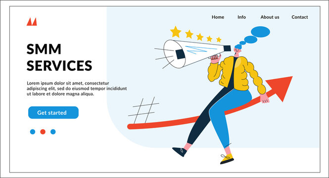 Social media marketing landing page heading concept. Template for website, poster, banner. Influencer, advertising and sales growth.  Modern flat vector illustration with character isolated on white 