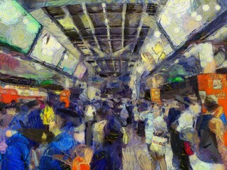 Landscape of the sky train station at night Illustrations creates an impressionist style of painting.