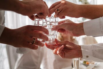 Hands holding the glasses of vodka and making a toast. The party, wedding, celebration, alcohol, lifestyle, friendship, holiday, christmas, new, year and clinking concept.