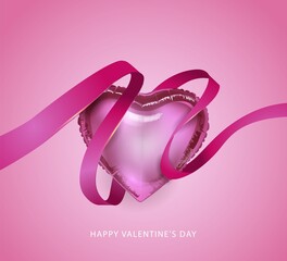 Vector Valentine's day love flyer design with pink ribbon and heart in the shape of a foil ball. Holiday poster template for invitation or greeting card.Vector