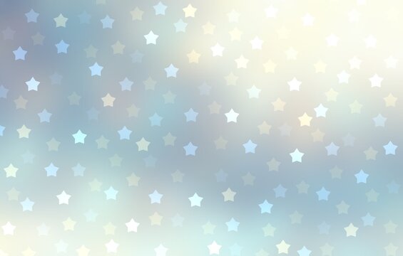Sparkling stars on light blue winter background. Glowing holidays decor. Fantasy bokeh illustration.