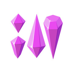 Pink crystal stones like amethyst quartz. Geometric gems or glass crystals for games and other designs. Vector illustration in cartoon style