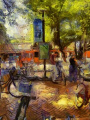 Public bicycle parking in the park Illustrations creates an impressionist style of painting.