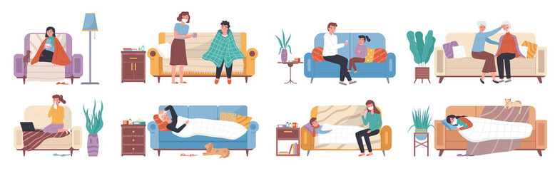 Collection of ill or sick and recovered people on sofa or couch at home. Sick person having cold. Adults and children having influenza, common cold or infection and recovering. Flu and sickness - obrazy, fototapety, plakaty