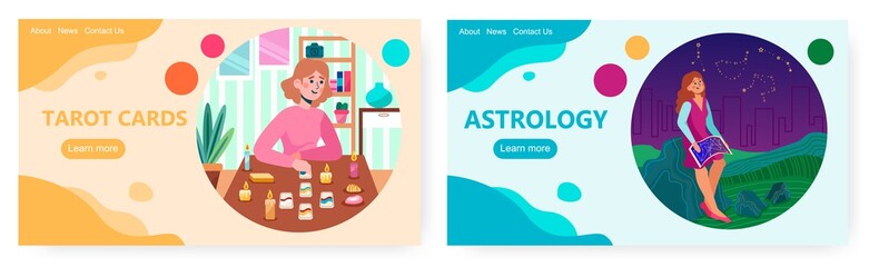 Tarot reader or fortune teller reading and forecasting future using tarot card. Astrology vector concept illustration. Woman watching night stars using sky map. Web site design template