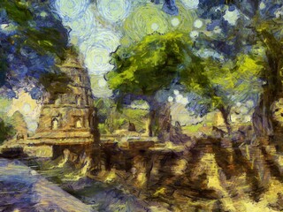 Fototapeta na wymiar Ancient Ruins in Ayutthaya Illustrations creates an impressionist style of painting.