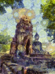 Ancient Ruins in Ayutthaya Illustrations creates an impressionist style of painting.