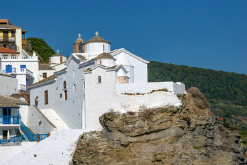 traditional white church,Holy Monastery of the Annunciation, on the island of Skopelos, Greece