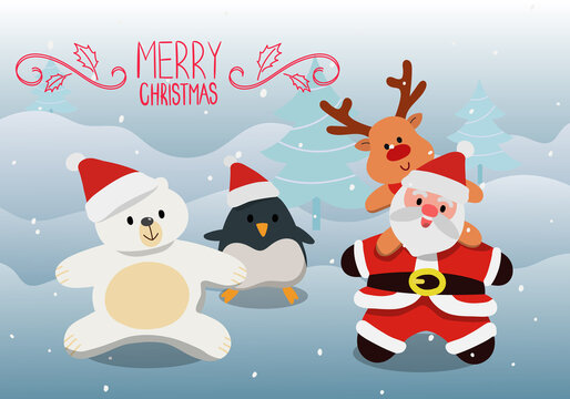 Christmas characters on red background, Christmas Tree, Santa Claus, Reindeer, Polar bear, Penguin, Vector design illustration.