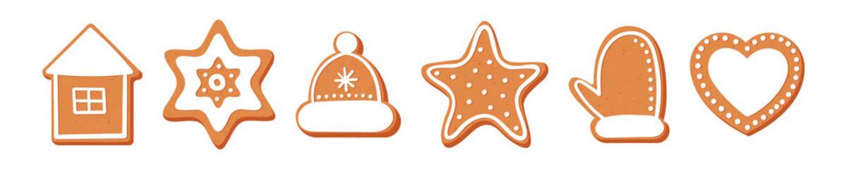 Set of Christmas or New year's gingerbread. The carvings are decorated with icing sugar. Vector stock flat illustration isolated on a white background