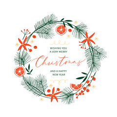 Christmas card with hand drawn wreath and hand-lettered text. Holidays poster. Vector illustration