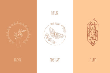 Fototapeta premium Hand drawn vector illustration of mystic logo. Magical outline clipart for print, card, textil design. Alchemy, magic, esoteric, occult, spiritual set.
