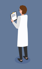 Doctor woman holding clip board vector illustration. Scientific worker holds paper document with written list back view. Female character medic wearing white coat. Woman scientist in glasses