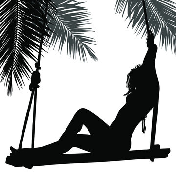 Vector silhouette of girl sitting on flip-flap under palm. Shape of beautiful woman in bikini on a beach. Isolated icon of bikini girl.