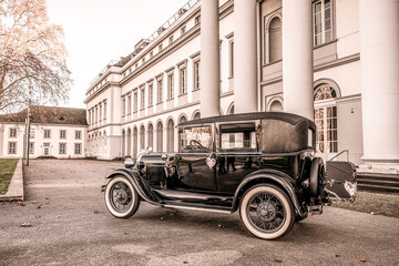 Oldtimer old antique Ford Typ A Tudor Sedan, built at year 1928 during a Wedding Decorated