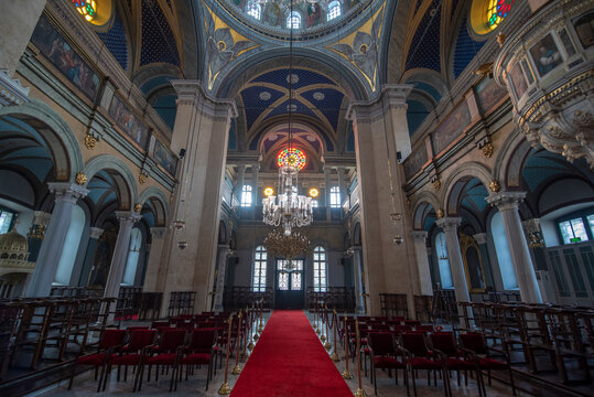 Istanbul, Turkey - June 28, 2019: Interior of Hagia Triada Greek Orthodox Church (Turkish: Aya Triada Rum Ortodoks Kilisesi)