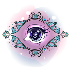 Third eye with colored watercolor spots. Esoteric symbol.