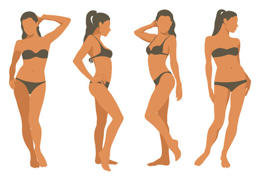 Vector woman silhouettes in bikini with colored skin tone isolated on white background. Illustration of girls in swimsuit. Set of colored bikini girl icons.