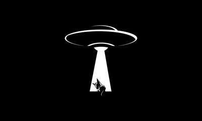 Black And White Cartoon Cat And Ufo Silhouettes Vector Illustration