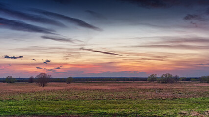 Panoramic view of the fields at the sunset.
