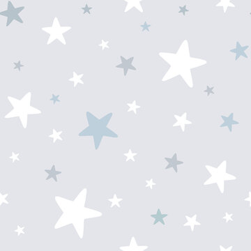 Baby boy nursery seamless pattern with blue stars on gray background. Perfect for fabric, textile, nursery decoration, baby shower, Christmas rapping. Surface pattern design.