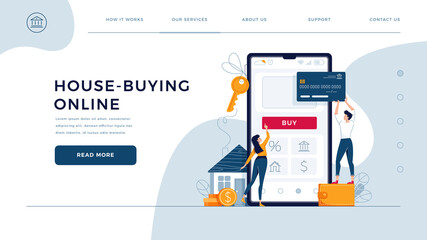 House buying online homepage template. Family buys a home, paying by credit card. Property web purchase, house loan, mortgage concept for web design. People in flat cartoon style, vector illustration