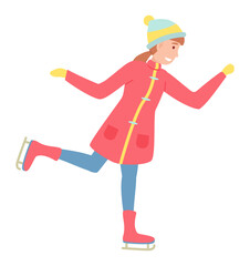 Ice skating smiling girl on frozen surface illustration. Vector cartoon small child wearing warm clothes on skates isolated on white background. Active family games in the winter season outdoor