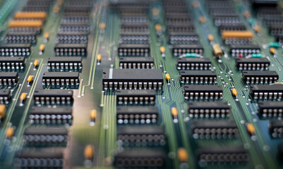Closeup Electronic circuit board ( PCB )components detail and An integrated circuit (ic)
