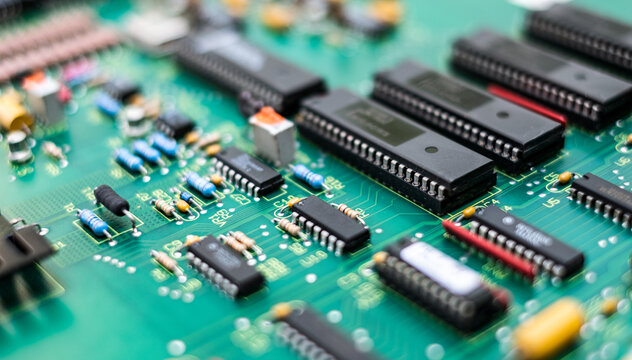Closeup Electronic circuit board ( PCB )components detail and An integrated circuit (ic)