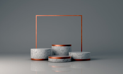 Podium, pedestal or platform, background for the presentation of cosmetic products. 3d podium. Place for ads.3D rendering podium geometry with elements. Product presentation blank podium.